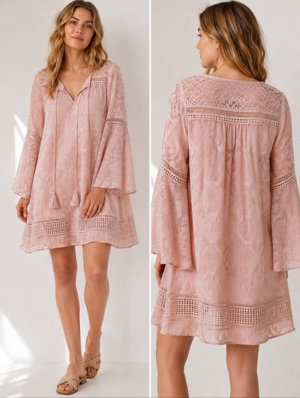 Floreat Anthropologie Pink Rose Lace Bell Sleeve Boho Tunic Dress Size 0 NWT